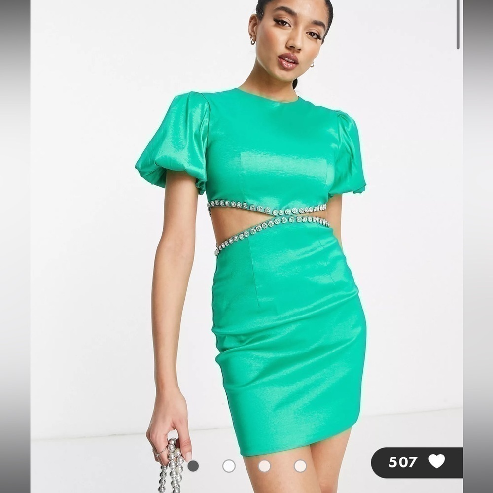 Band of Stars Green Puff Sleeve Rhinestone Cutout Dress Size 8 - Picture 3 of 13